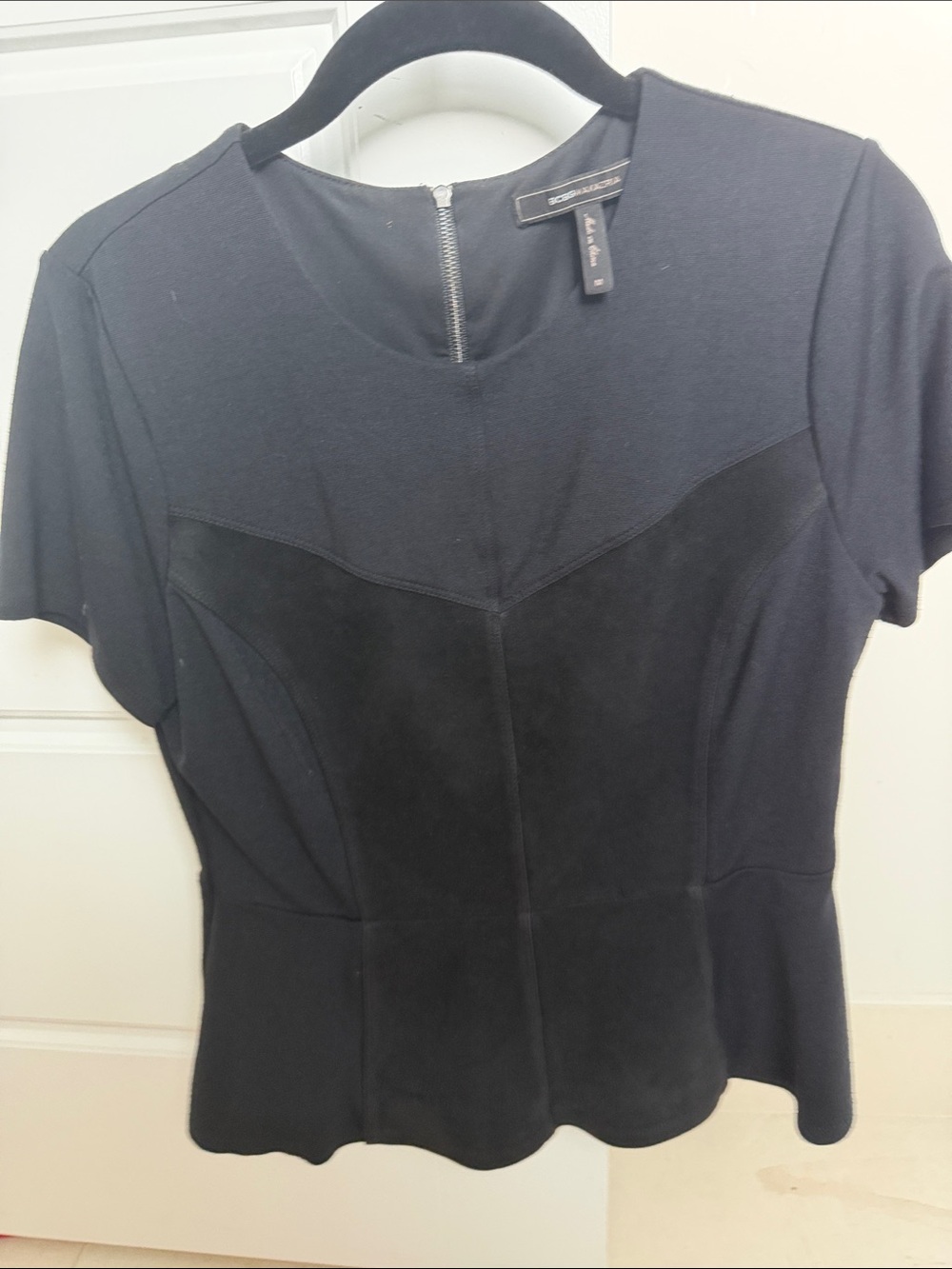 BCBGMaxAzria Black Short-Sleeve Peplum Top with Suede Panels